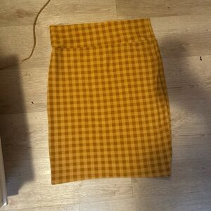 LuLaRoe Cassie Skirt XL Mustard Brown Gingham Plaid Pencil Midi Fleece Lined